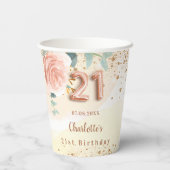 21. Geburtstag Rose Goldblumengrün Pappbecher (Rückseite)
