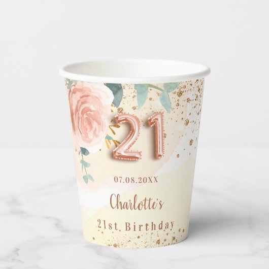 21. Geburtstag Rose Goldblumengrün Pappbecher (Rückseite)