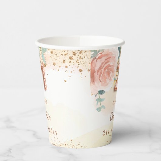 21. Geburtstag Rose Goldblumengrün Pappbecher (Links)