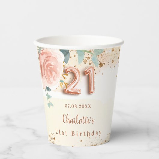 21. Geburtstag Rose Goldblumengrün Pappbecher (Vorderseite)