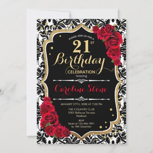 21. Geburtstag - Rote Rosen Gold Black Damask Einladung (Vorderseite)