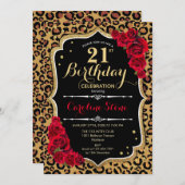 21. Geburtstag - Rote Rosen Leopard Print Einladung (Vorne/Hinten)