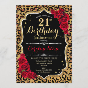 21. Geburtstag - Rote Rosen Leopard Print Einladung