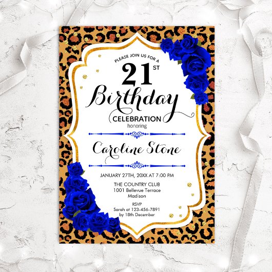 21. Geburtstag - Royal Blue Gold Leopard Print Einladung