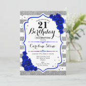 21. Geburtstag - Royal Blue Silver White Stripes Einladung (Stehend Vorderseite)