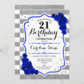 21. Geburtstag - Royal Blue Silver White Stripes Einladung (Vorne/Hinten)