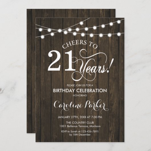 21. Geburtstag - Rustikales Holzmuster Einladung (Vorne/Hinten)