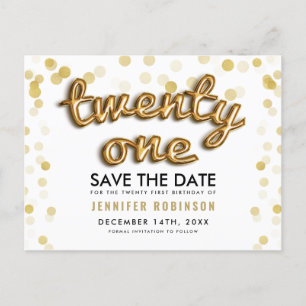 21. Geburtstag Save the Date Gold Balloons Glitzer Ankündigungspostkarte