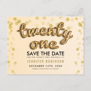 21. Geburtstag Save the Date Gold Balloons Glitzer Ankündigungspostkarte