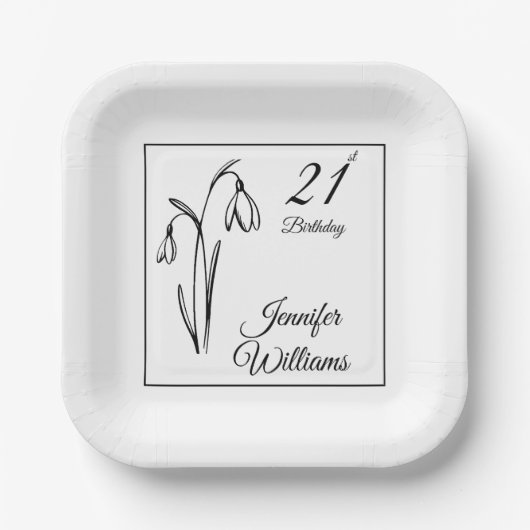 21. Geburtstag Schneeglöckchen Floral Schwarz und Pappteller (Vorderseite)