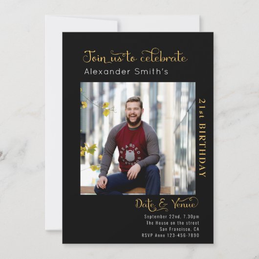 21. Geburtstag schwarz Einladung (Vorderseite)