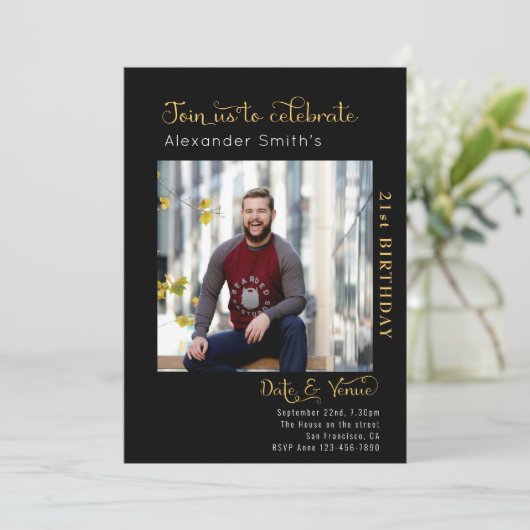 21. Geburtstag schwarz Einladung (Stehend Vorderseite)