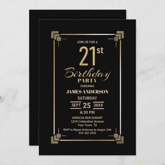 21. Geburtstag Schwarz-Gold-Party Einladung (Vorne/Hinten)