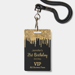 21. Geburtstag Schwarz Gold tropfende Glitter VIP- Ausweis