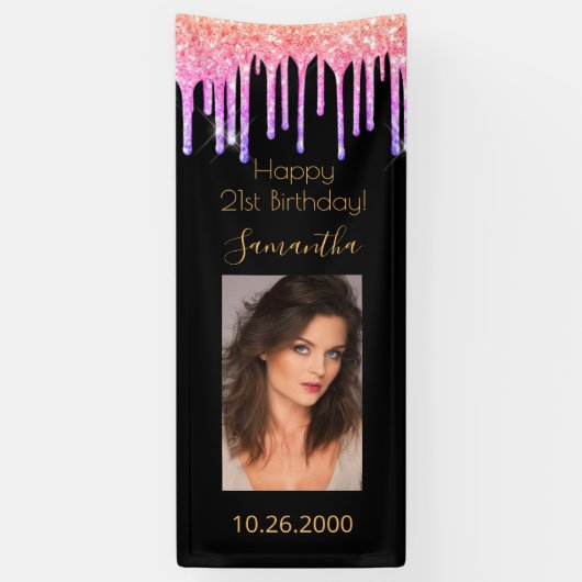 21. Geburtstag Schwarz-Rosa-Tropfen Foto Banner (Vertikal)