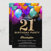 21. Geburtstag Schwarz und Gold farbige Ballons Einladung (Vorne/Hinten)