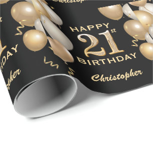 21. Geburtstag Schwarz und Gold Glitzer Ballons Geschenkpapier