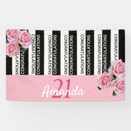 21. Geburtstag Schwarz-weiße Streifen rosa Florale Banner