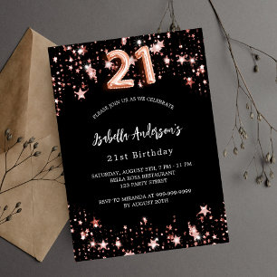 21. Geburtstag schwarze Rose Gold Sterne Luxus Einladung