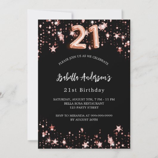 21. Geburtstag schwarze Rose Goldstars Einladung (Vorderseite)