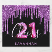 21. Geburtstag schwarzen lila Glitzer Glam Fröhlic Schaumweinetikett (Einzelnes Label)