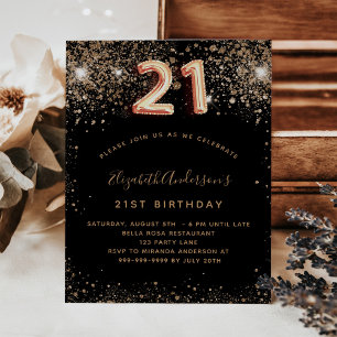 21. Geburtstag Schwarzer Glitzer Einladung