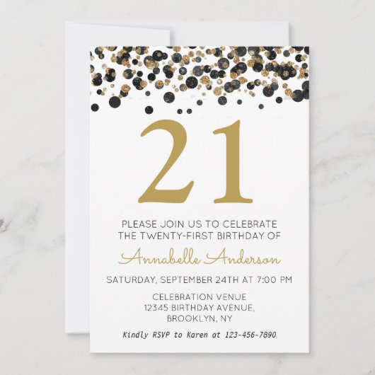 21. Geburtstag Schwarzer Glitzer Sparkle Confetti Einladung (Vorderseite)
