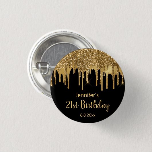 21. Geburtstag schwarzes Gold tropfende Glitzer Button (Vorne & Hinten)