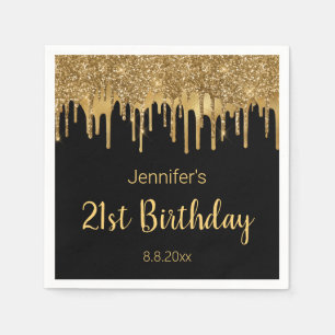 21. Geburtstag schwarzes Gold tropfende Glitzer Serviette