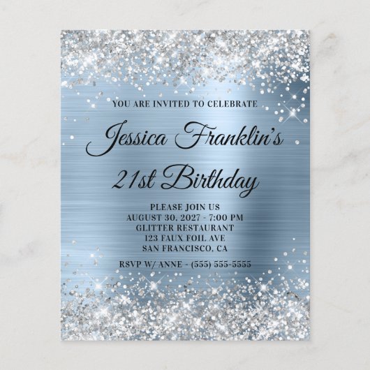 21. Geburtstag Silber Glitter Blassblauer Einladun Flyer (Vorne)