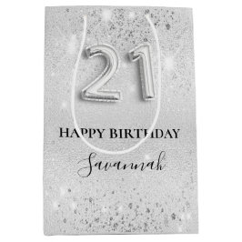 21. Geburtstag Silber-Glitzer-Glitzern-Monogramm Mittlere Geschenktüte