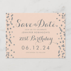 21. Geburtstag Silber Save the Date Confetti Blush Postkarte