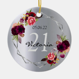 21. Geburtstag silberburgundische Blume Name Geo Keramik Ornament