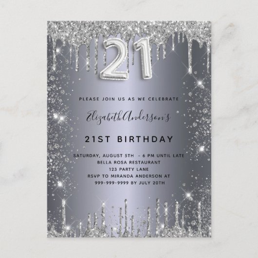 21. Geburtstag Silbermetall Glitzer Staubglasur Einladungspostkarte (Vorderseite)