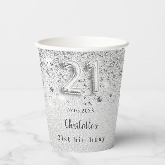 21. Geburtstag Silbername glamourös Pappbecher (Vorderseite)