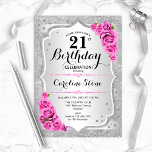 21. Geburtstag - Silberstreifen Rosen Einladung<br><div class="desc">Einladung zum 21. Geburtstag. Elegantes Blumendesign in Silber und Rosa. Features Imitate Glitzer silberne Streifen,  rosa Rosen stilvolle Skript-Schriftart und Konfetti. Ideal für eine gläserne Geburtstagsfeier.</div>