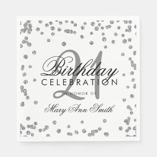 21. Geburtstag Silver Imitate Glitzer Confetti Whi Serviette (Vorderseite)