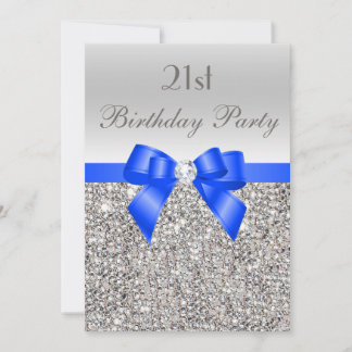 21. Geburtstag Silver Sequin Royal Blue Bow Diamon Einladung