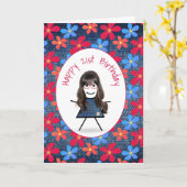 21. Geburtstag Strichfigur-Mädchen und Daisies auf Karte (Gelbe Blume)