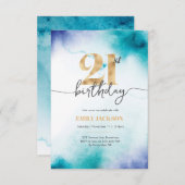 21. Geburtstag Türkis Aquarellgold Einladung (Vorne/Hinten)