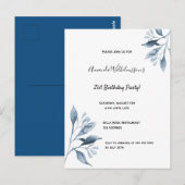 21. Geburtstag weißblaue botanische Einladung Postkarte (Vorne/Hinten)