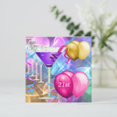 21. Geburtstag Weißrosa Lila Martini Balloons Einladung (Stehend Vorderseite)