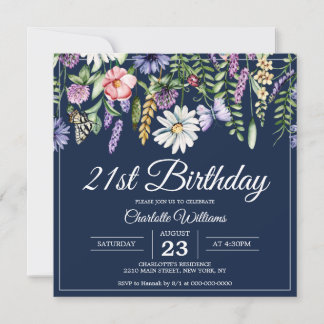 21. Geburtstag Wildblumen Navy Blue Woman Elegant Einladung