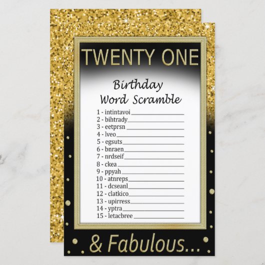 21. Geburtstag Word Scramble Game (Vorne/Hinten)