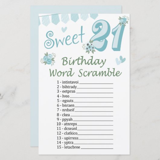 21. Geburtstag Word Scramble Game (Vorne/Hinten)