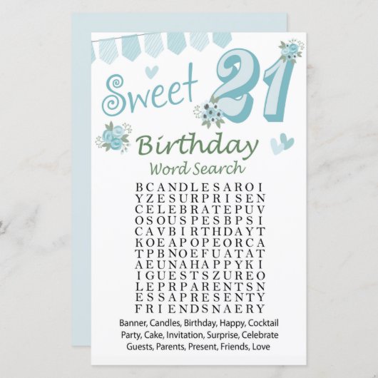 21. Geburtstag Word Search Game (Vorne/Hinten)
