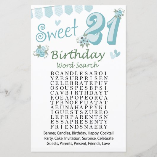 21. Geburtstag Word Search Game (Vorderseite)