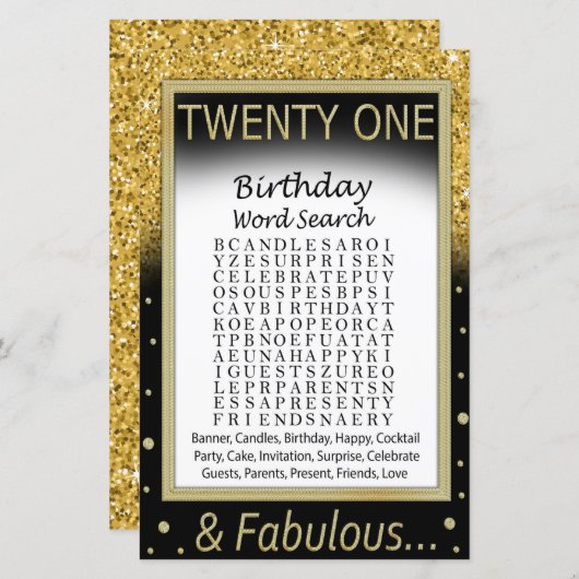 21. Geburtstag Word Search Game (Vorne/Hinten)