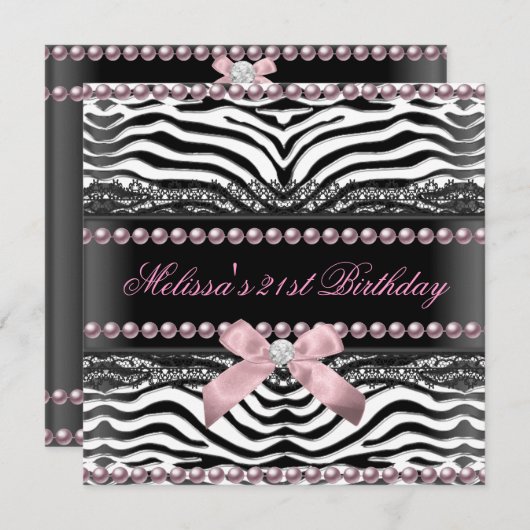 21. Geburtstag Zebra Pink Schwarze Perle Einladung (Vorne/Hinten)