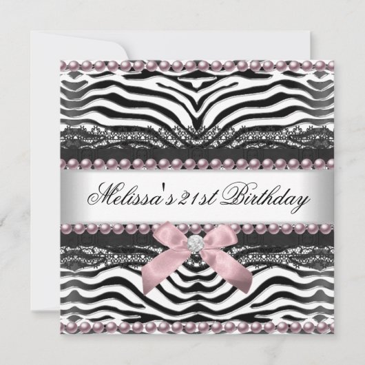 21. Geburtstag Zebra Pink Schwarze Spitze Einladung (Vorderseite)